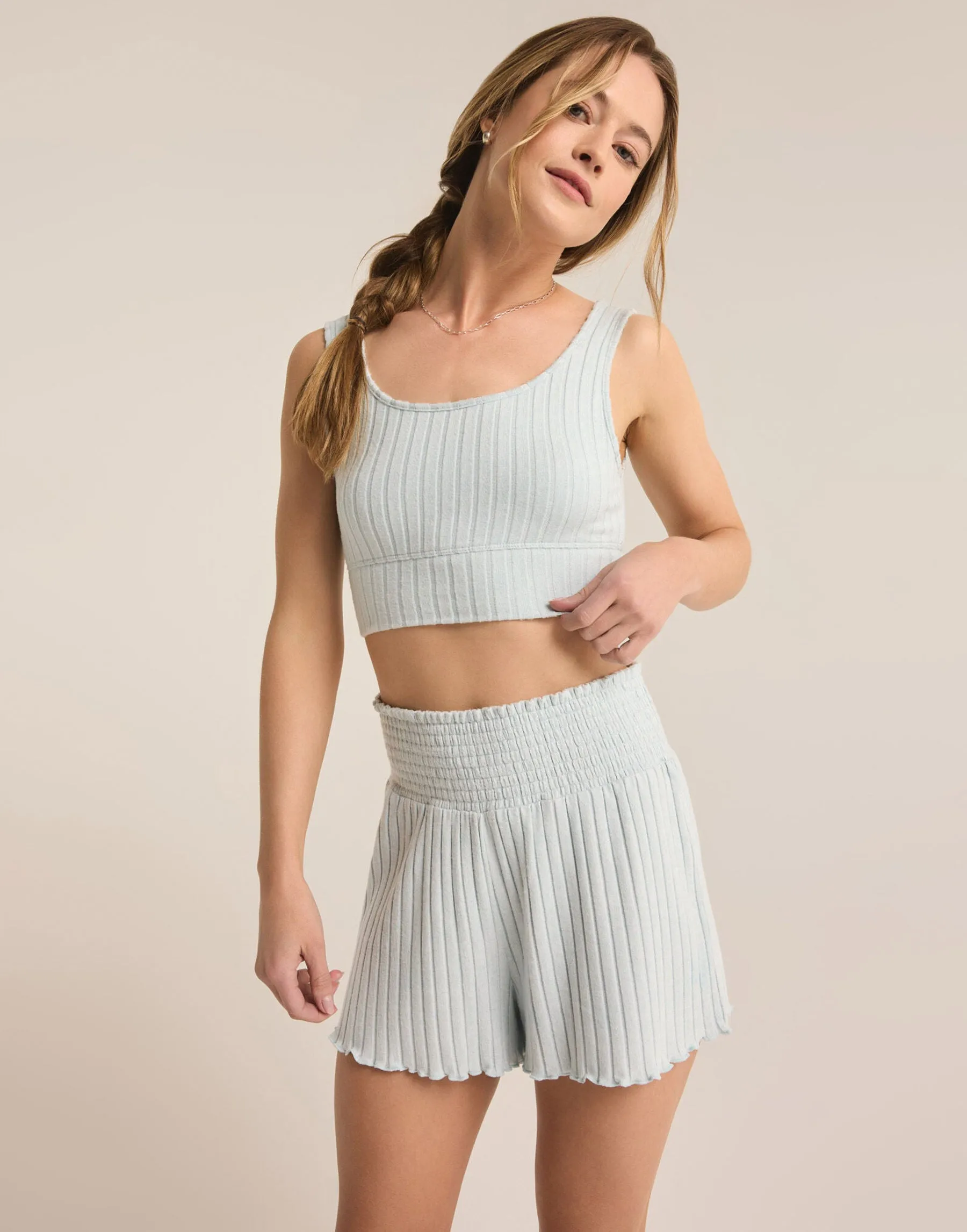 Zoe Rib Tank Bra by Z Supply - Snowflake Blue sold by Beach Bunny