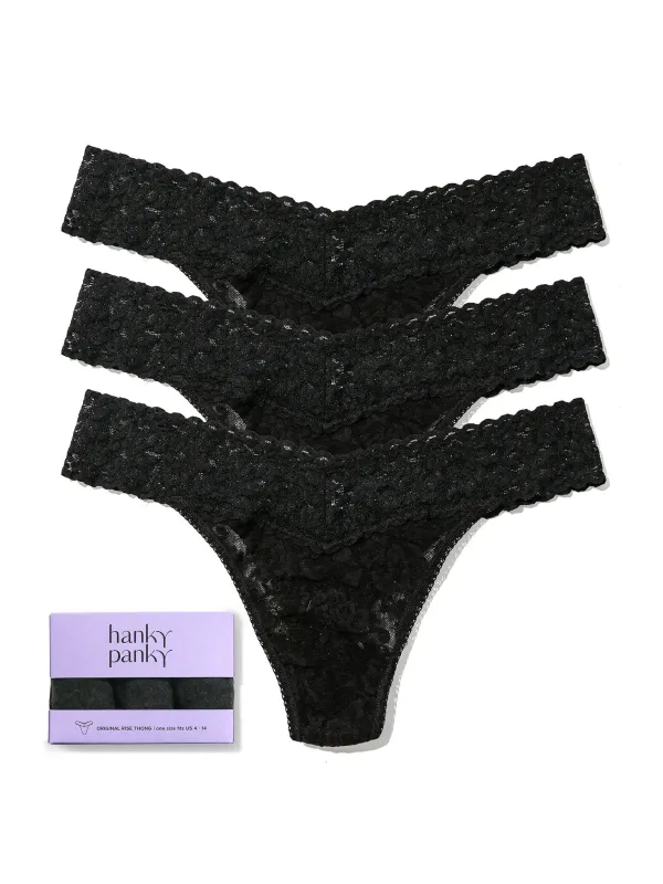 3 Pack Signature Lace® Original Rise Thongs Black sold by Beach Bunny