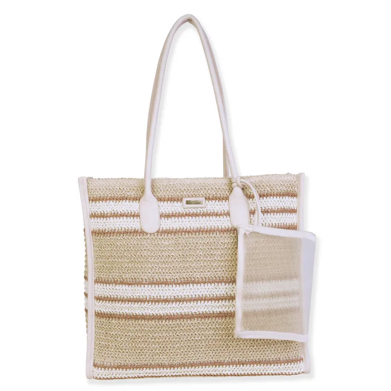 Stripe Crochet Shoulder Tote by Sun N Sand - White made by Beach Bunny