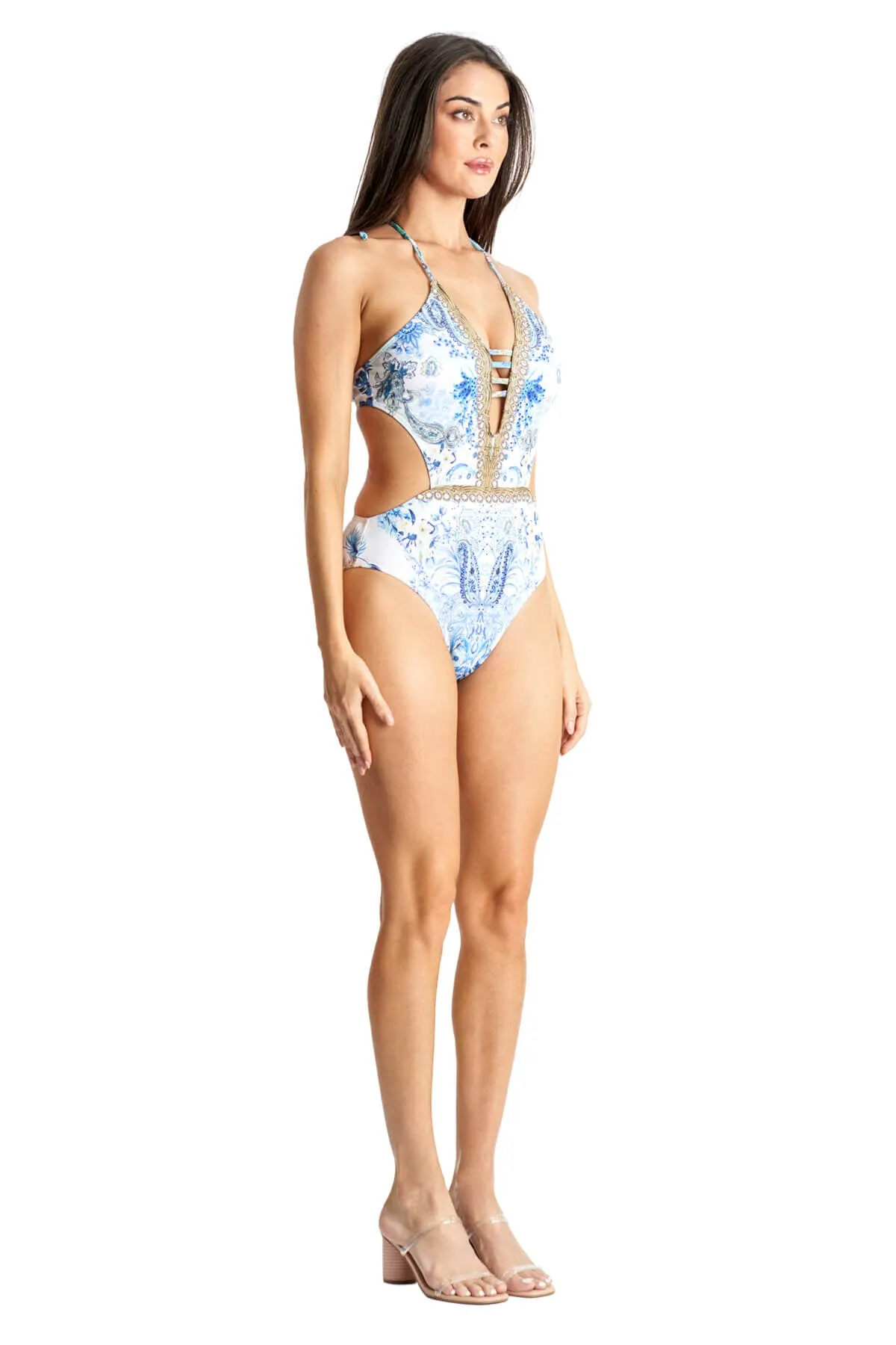 Beaded One Piece by La Moda - Light Blue Floral sold by Beach Bunny product image thumbnail 2
