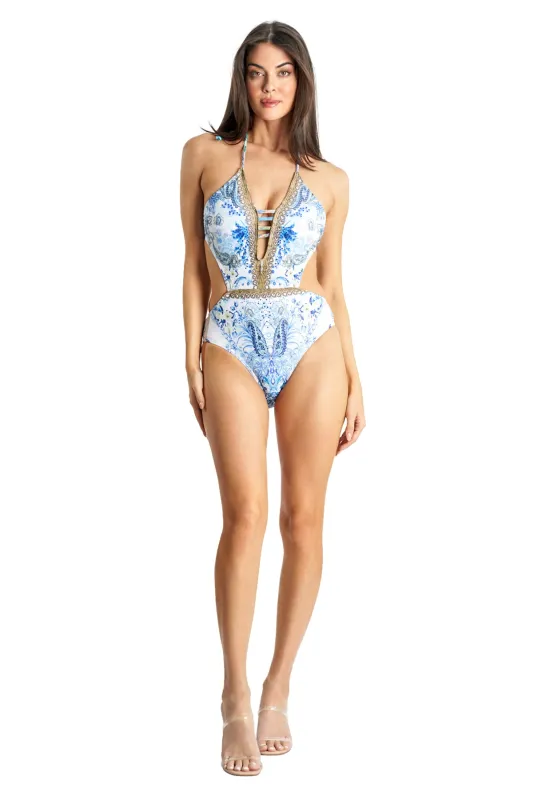 Beaded One Piece by La Moda - Light Blue Floral sold by Beach Bunny