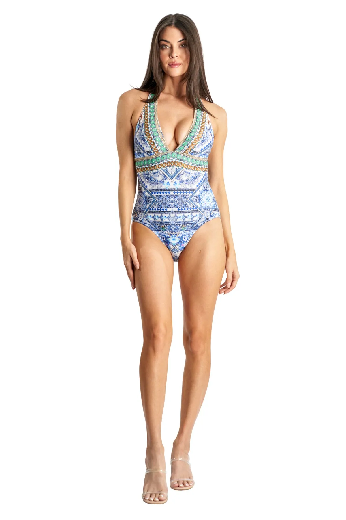Halter One Piece by La Moda - Multi Blue sold by Beach Bunny