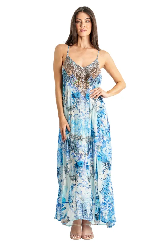 Beaded Luxe Maxi by La Moda - Light Blue Floral made by Lamoda