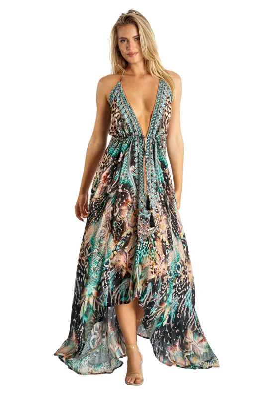 Beaded Luxe  Halter Maxi by La Moda - Black & Teal sold by Beach Bunny