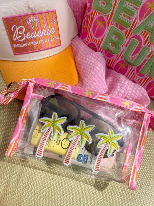 3 Pink Palm Trees - Snap Clear Pouch sold by Beach Bunny