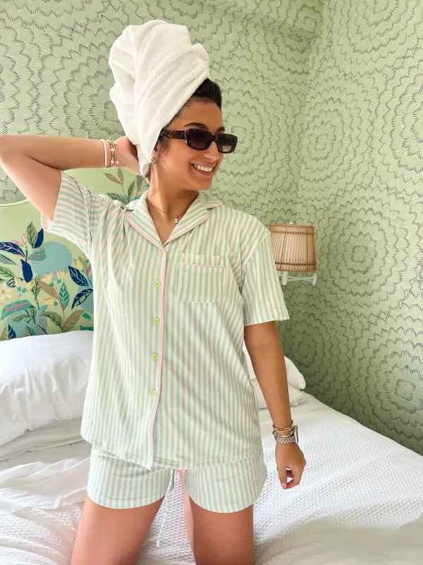 Green + Pink Stripe - Short Pajama Set sold by Beach Bunny