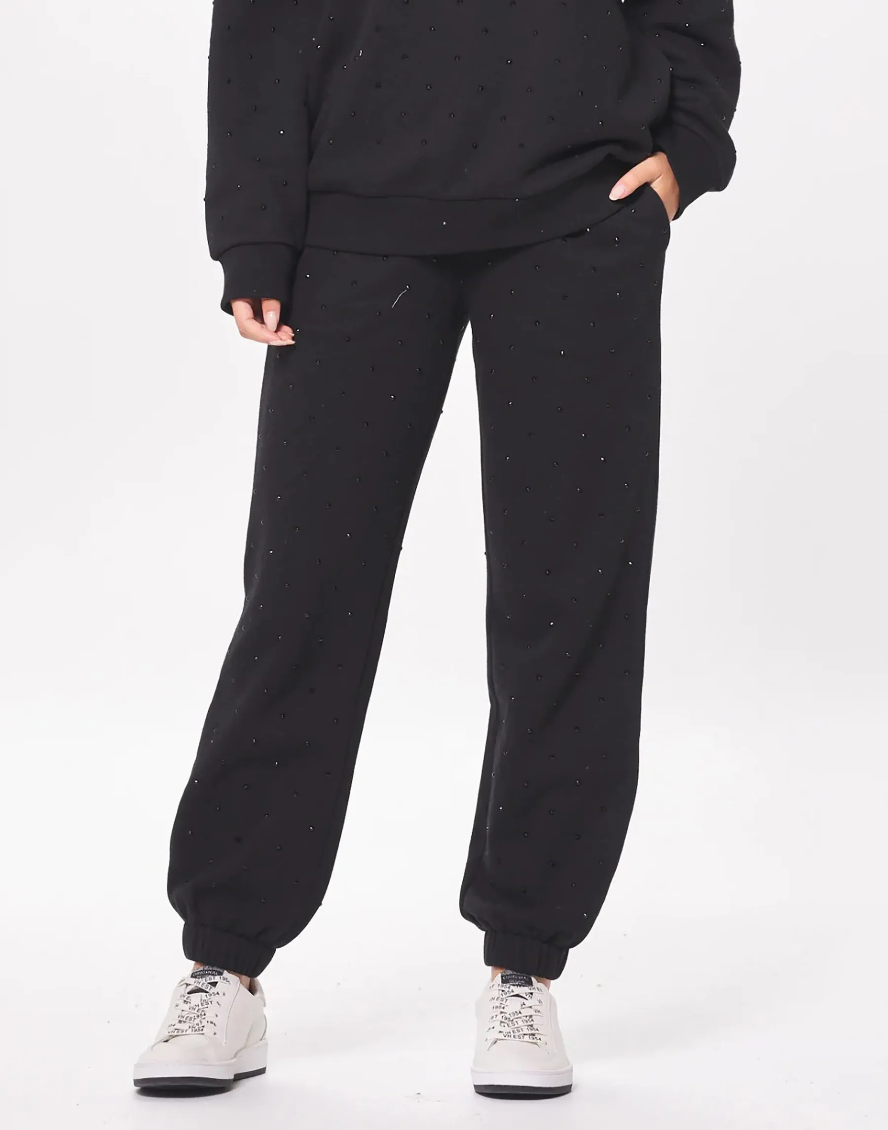 Fleece Jogger with Rhinestones by Vintage Havana - Black sold by Beach Bunny