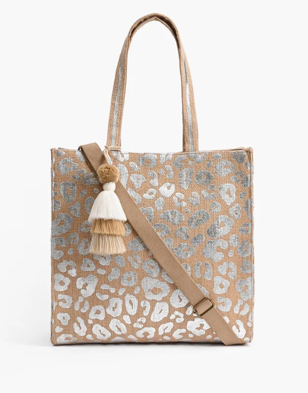 Leopard Handwoven Jute Brown Tote with Tassel by America & Beyond - Silver made by Beach Bunny