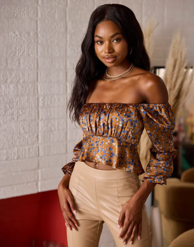 Becky Off Shoulder Crop Top by Summer Haus - Brown Floral made by Beach Bunny