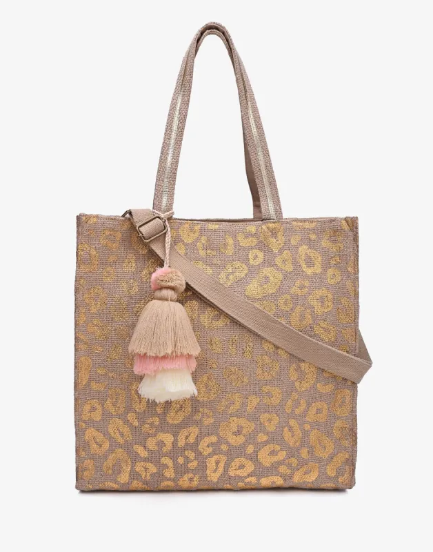 Gold Leopard Jute Tote with Crossbody Strap by America & Beyond - Gold sold by Beach Bunny