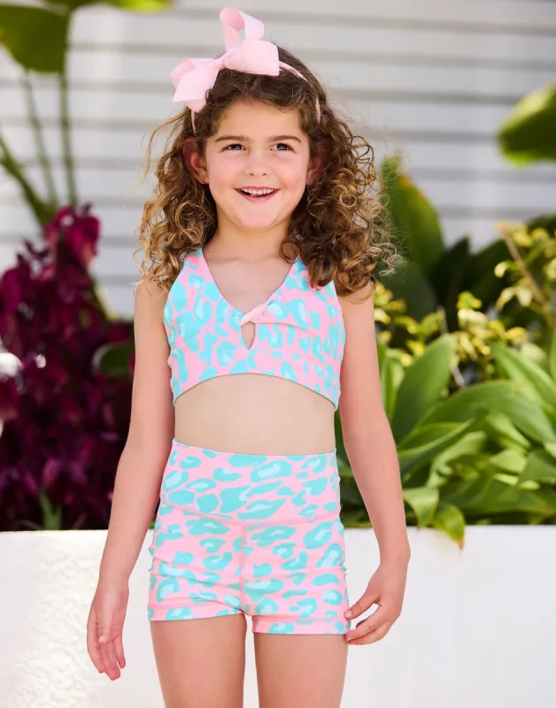 Katie Sports Bra by California Kisses - Child - Cherry Blossom Aqua Leopard made by Beach Bunny
