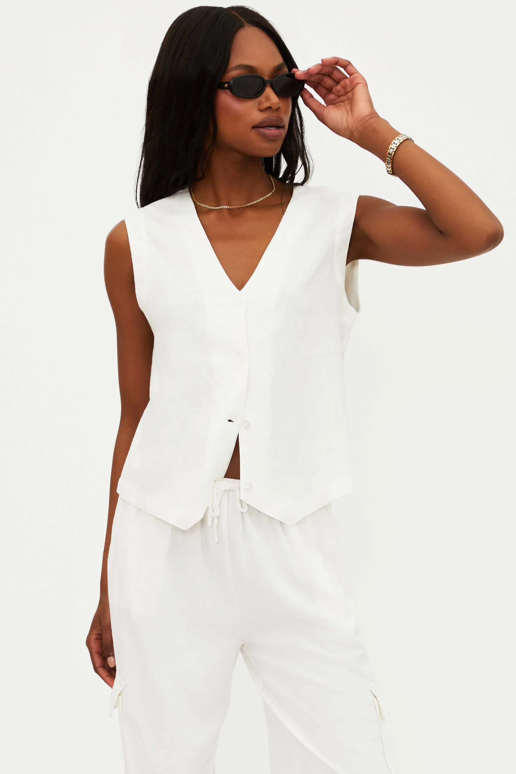 Darcy Vest White Linen sold by Beach Riot