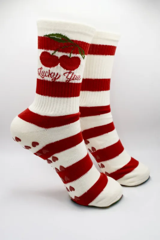 Lucky You Pilates Socks Cherry Stripe sold by Beach Riot