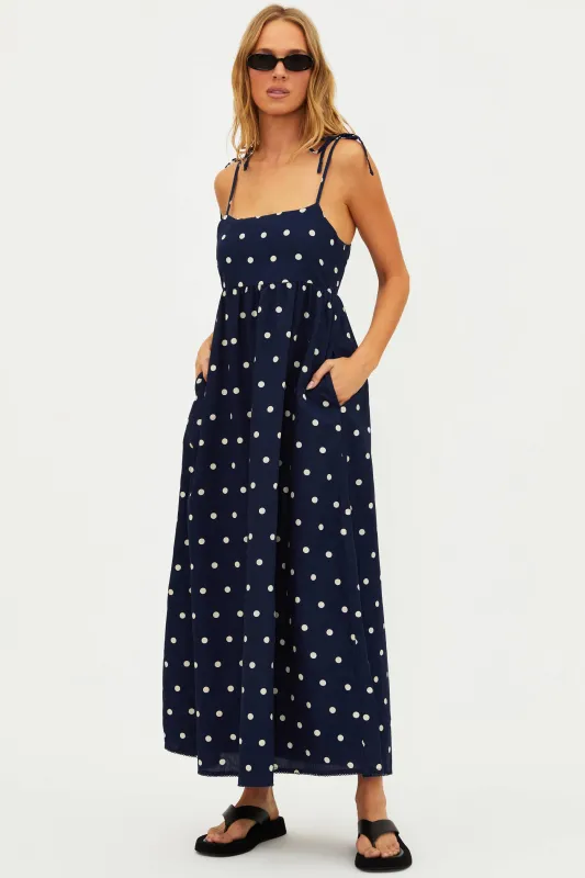Valory Maxi Dress Navy Polka Dot Linen sold by Beach Riot