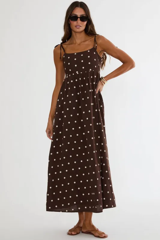Valory Maxi Dress Brown Polka Dot made by Beach Riot