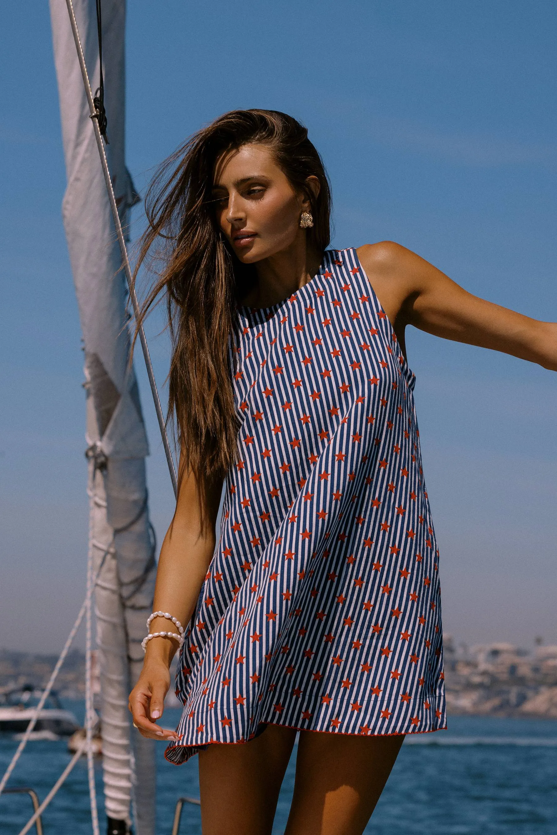 Caprina Mini Dress Star Spangled Seas Linen sold by Beach Riot