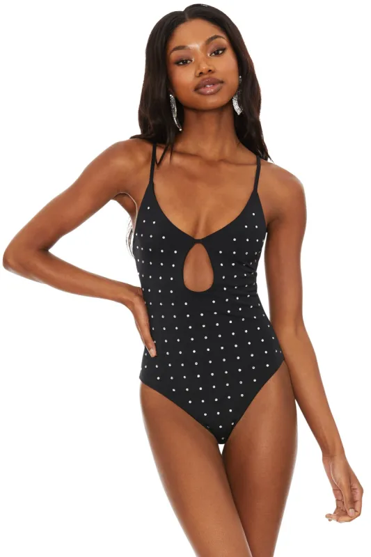 Priscilla One Piece Black Rhinestone sold by Beach Riot