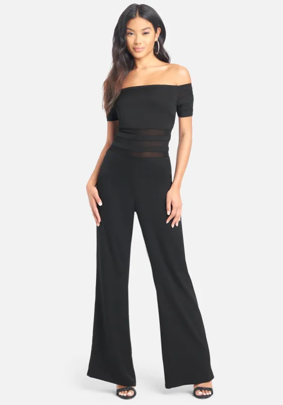 Off Shoulder Mesh Panel Jumpsuit sold by Bebe