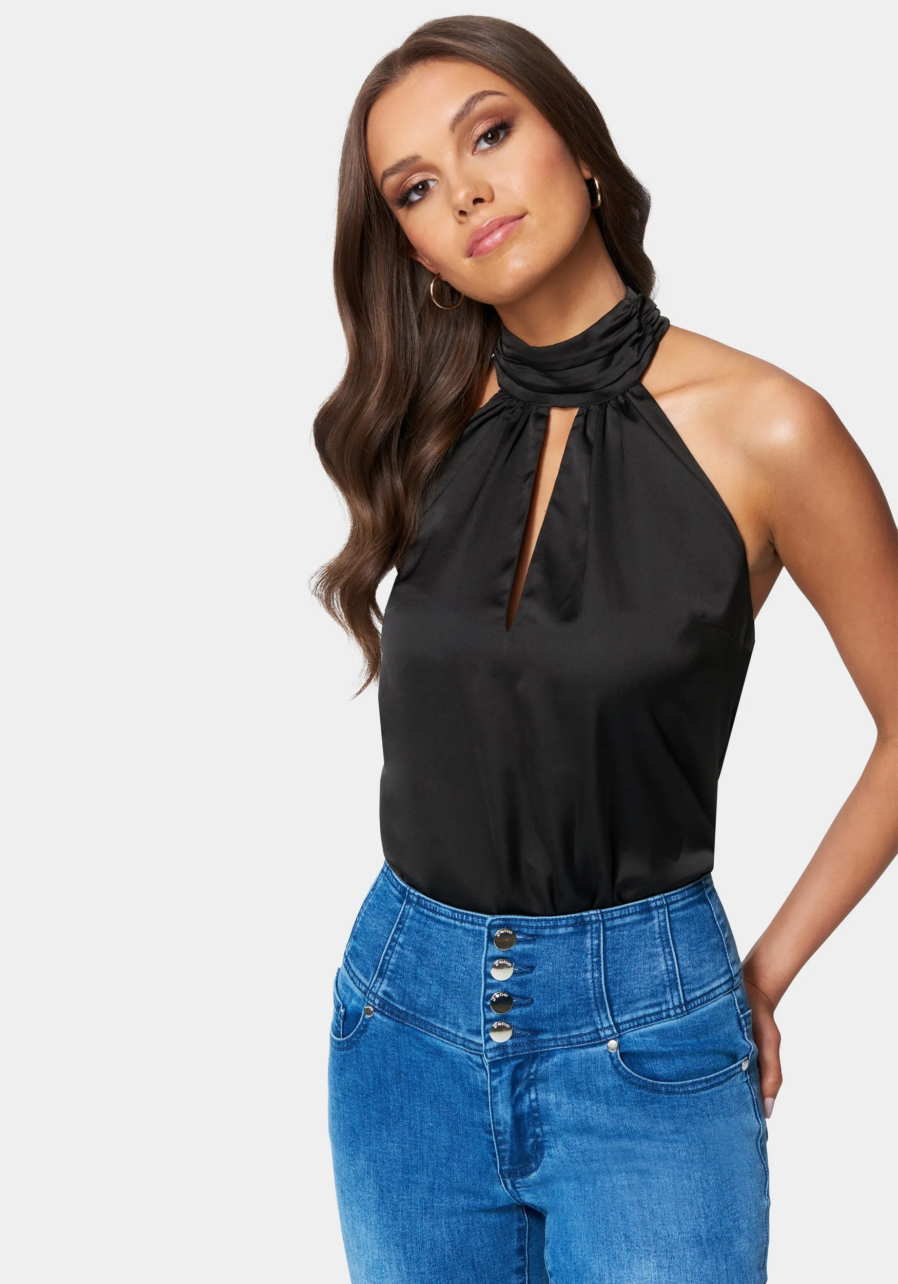 Mock Neck Keyhole Halter Bodysuit sold by Bebe