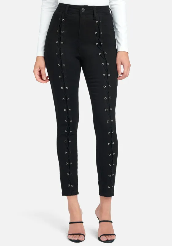 High Waisted Front Lace Up Skinny Jeans sold by Bebe