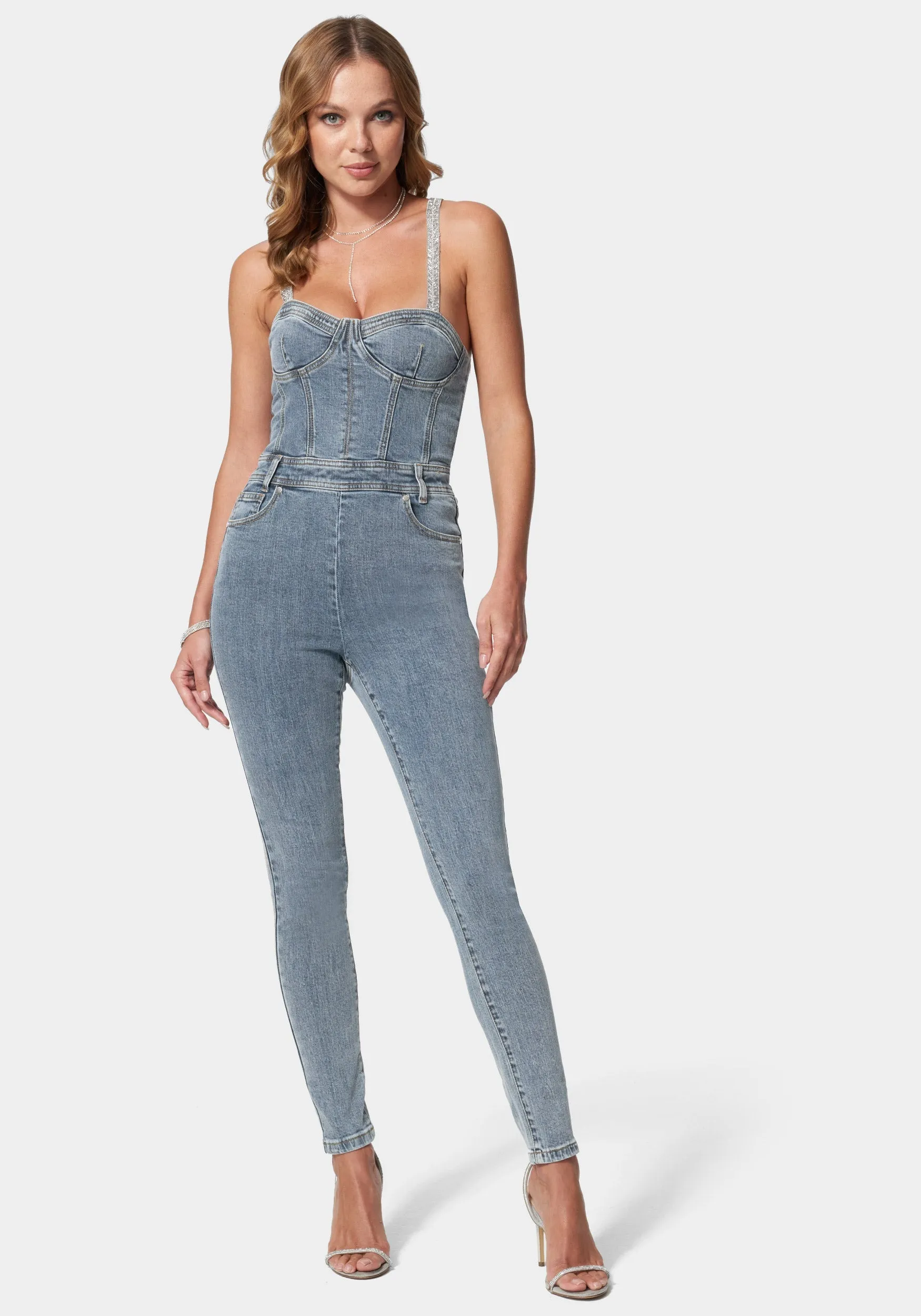 Denim Corset Top Skinny Leg Jumpsuit sold by Bebe