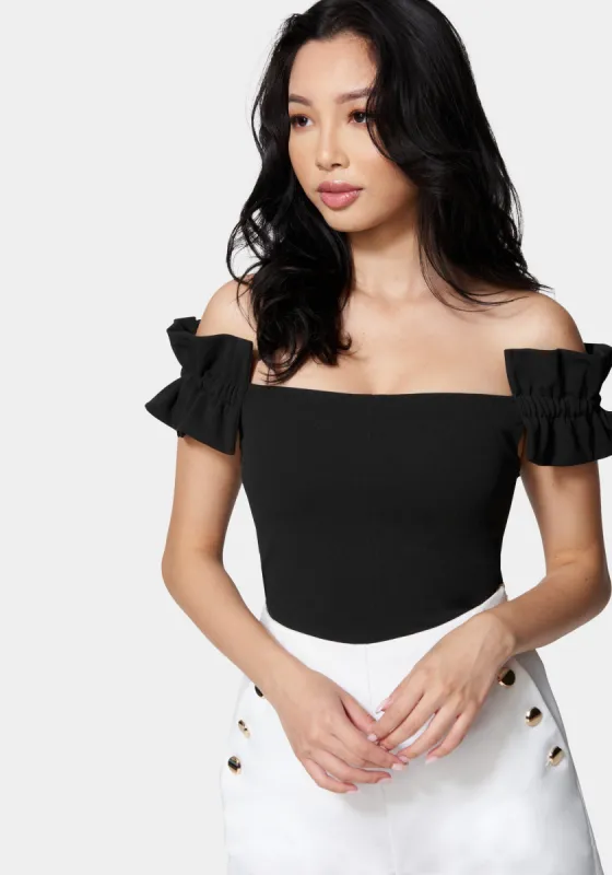 Knit Crepe Off Shoulder Ruffle Top sold by Bebe