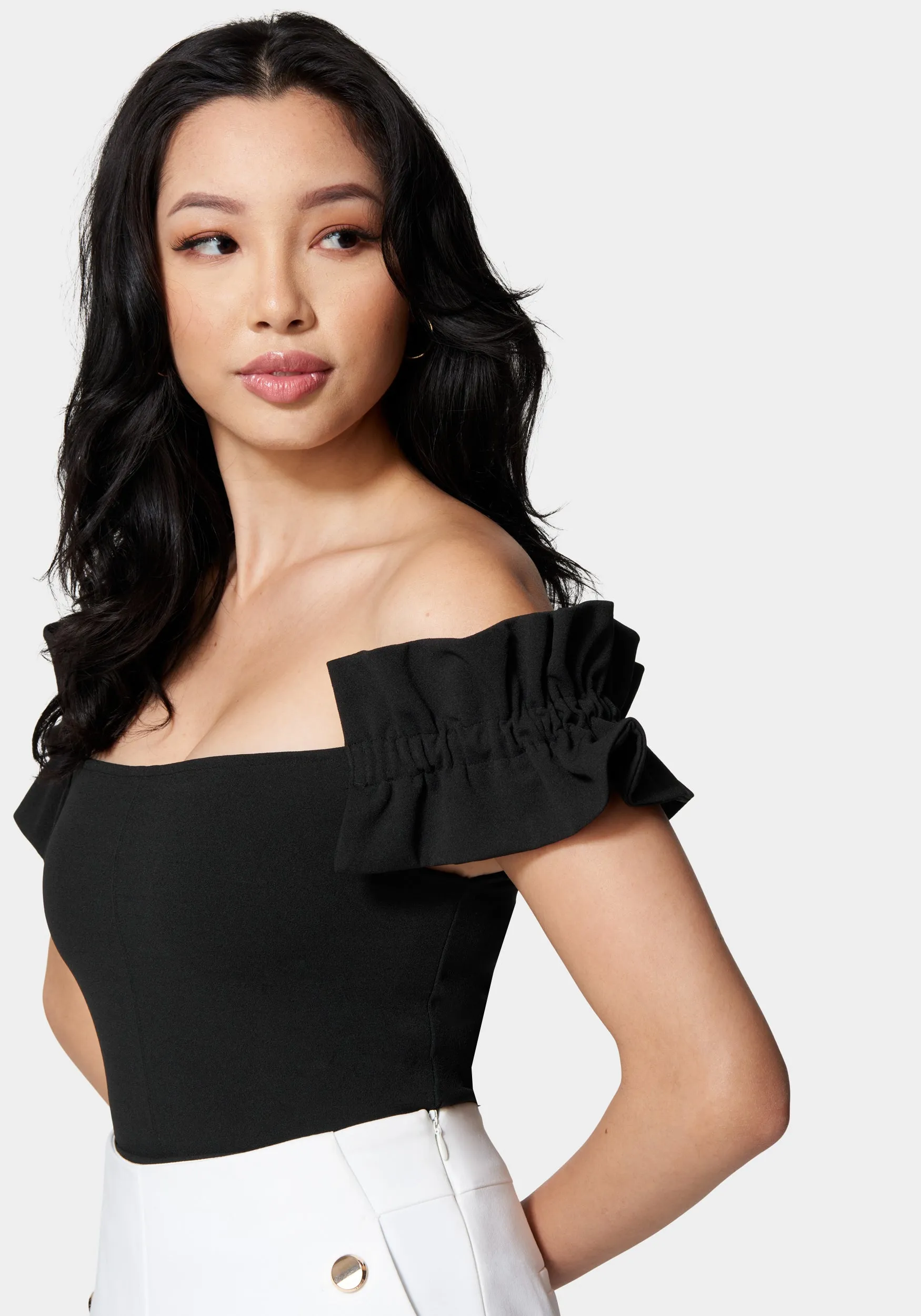 Knit Crepe Off Shoulder Ruffle Top sold by Bebe product image thumbnail 2