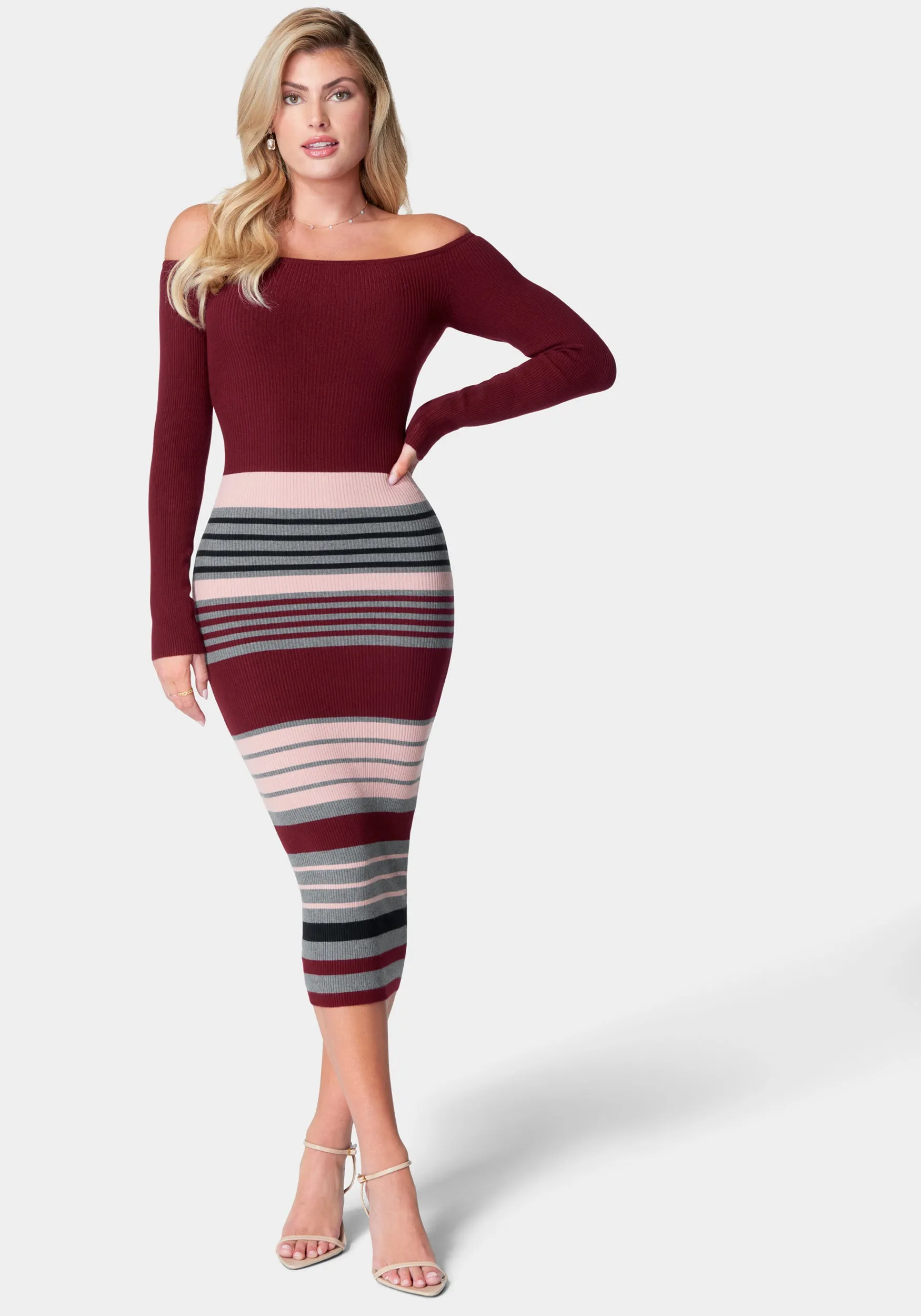 Off Shoulder Stripe Midi Dress sold by Bebe