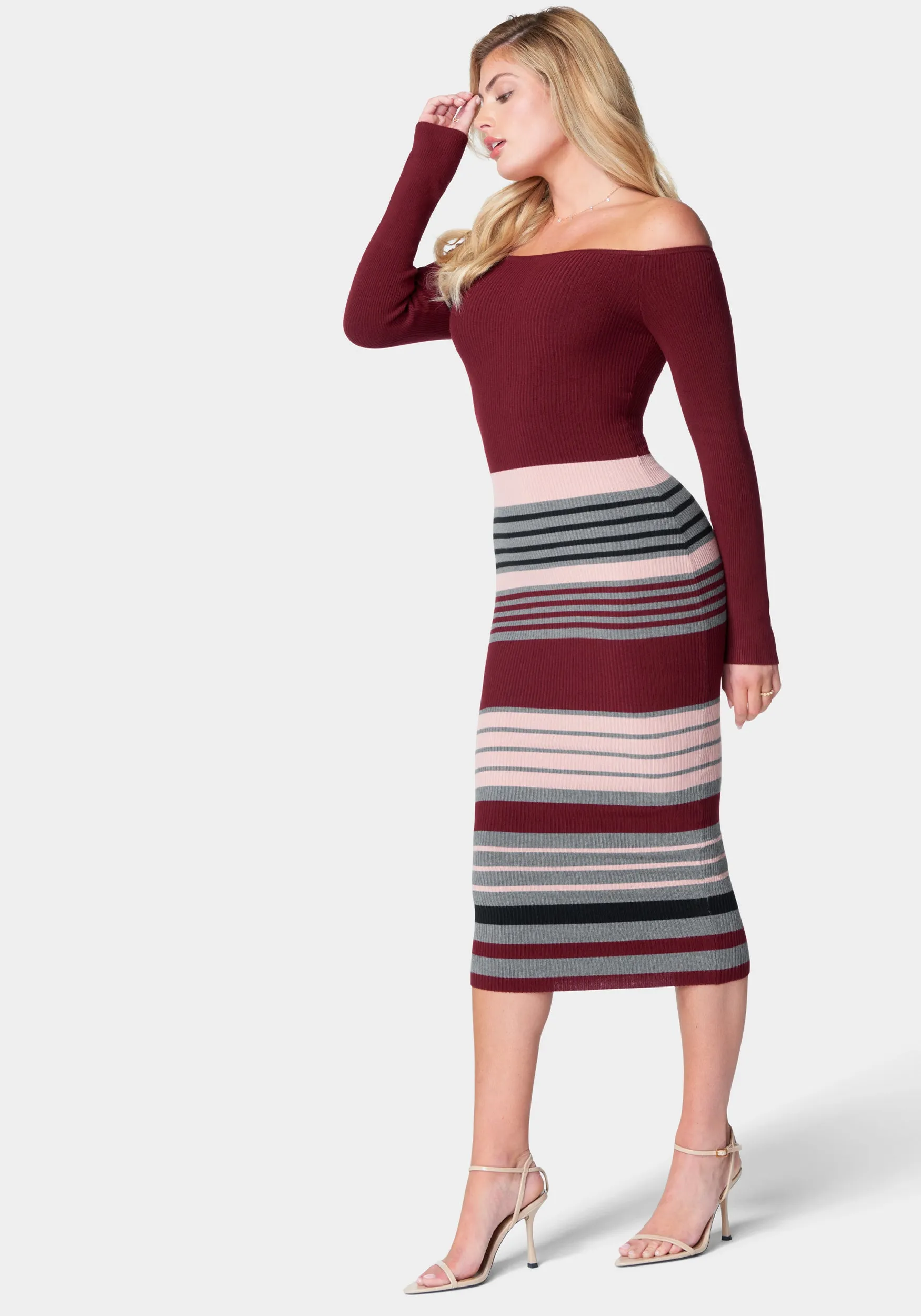 Off Shoulder Stripe Midi Dress sold by Bebe product image thumbnail 2