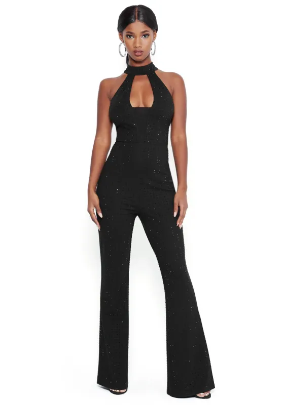 All Over Crystal Jumpsuit sold by Bebe