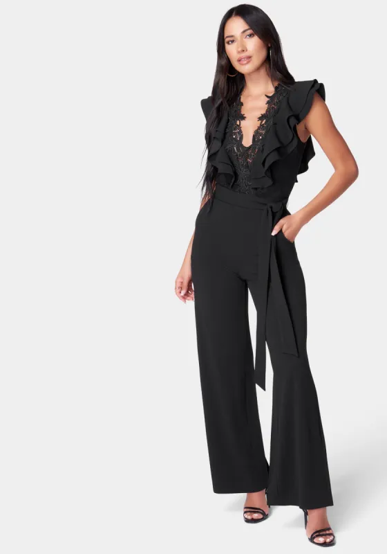 Lace Trim Knit Crepe Palazzo Jumpsuit sold by Bebe