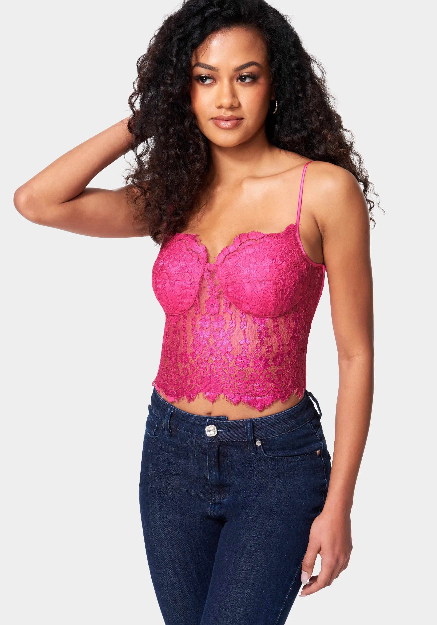 Metallic Foiled Lace Bustier Top sold by Bebe