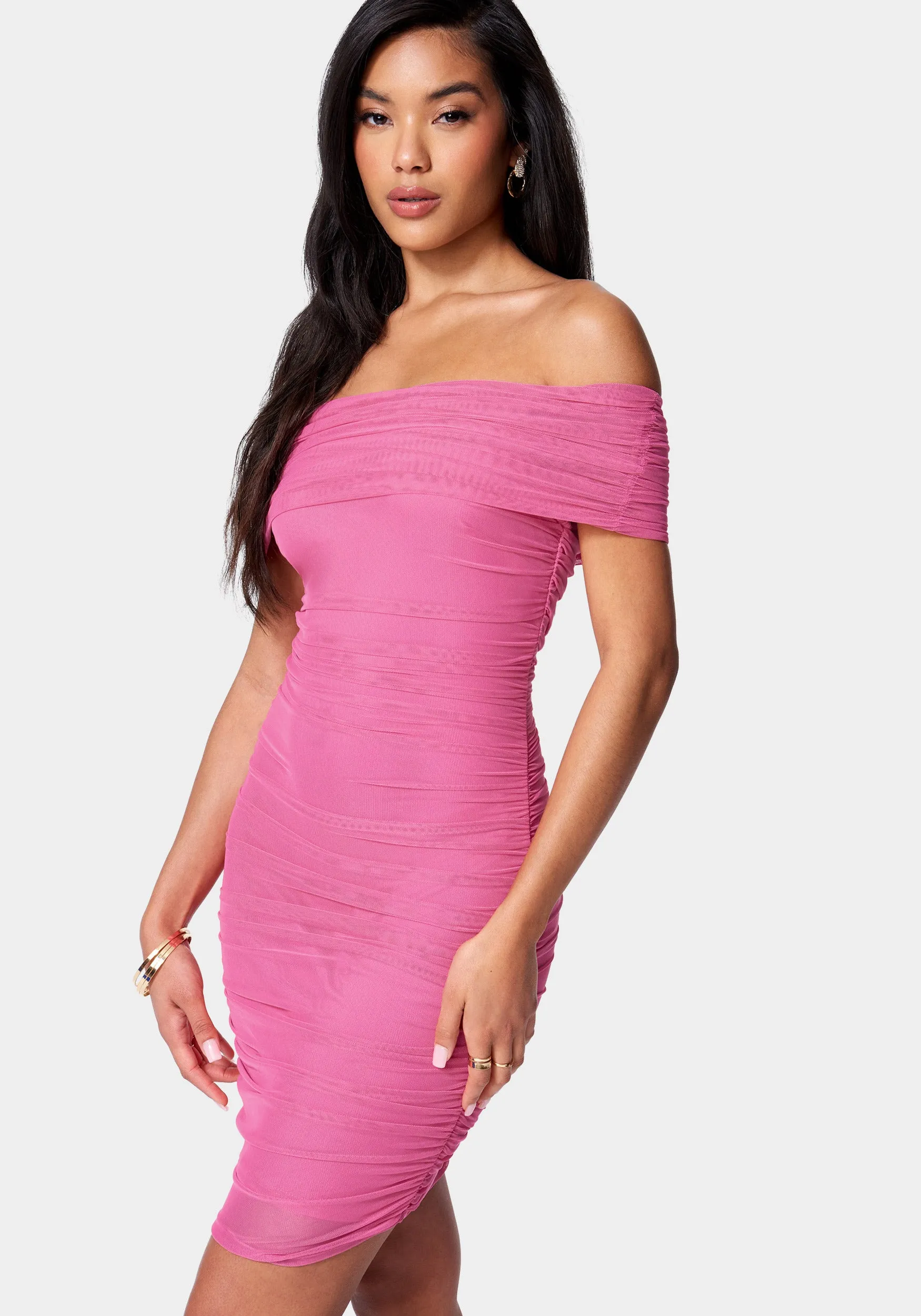 Off Shoulder Mesh Ruched Dress sold by Bebe product image thumbnail 2