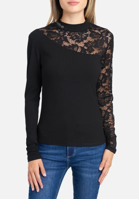 Lace Rib Mock Neck Long Sleeve Top sold by Bebe