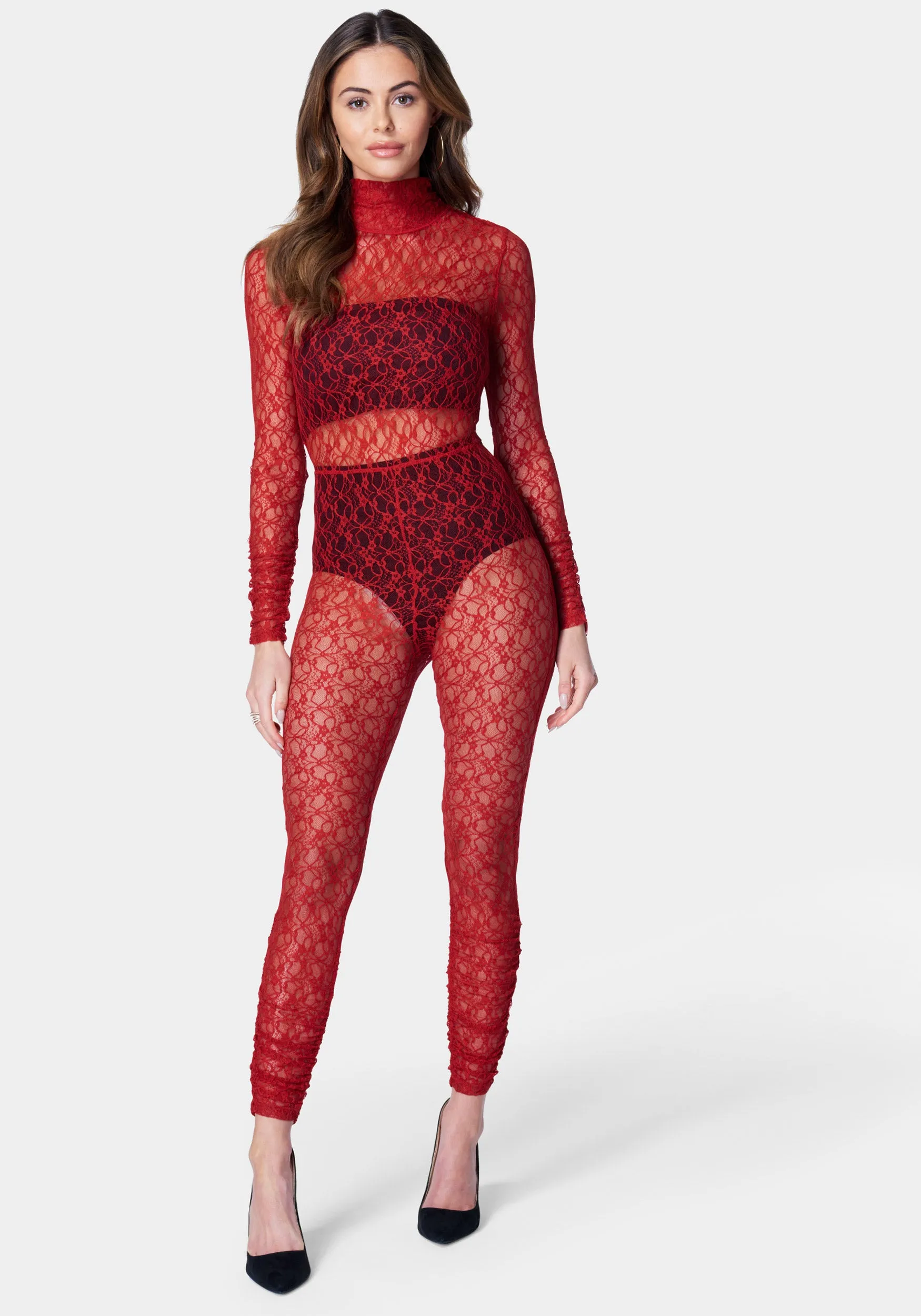 Open Back Turtle Neck Lace Catsuit sold by Bebe
