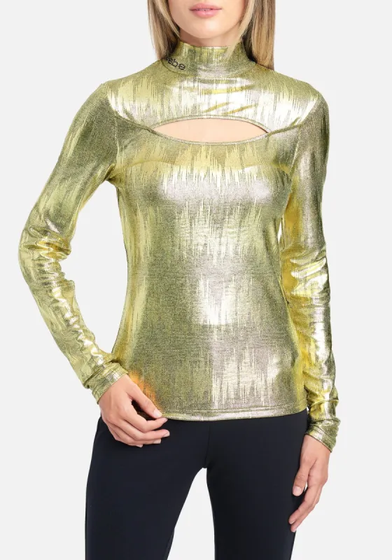 Bebe Logo Metallic Keyhole Long Sleeve Top sold by Bebe