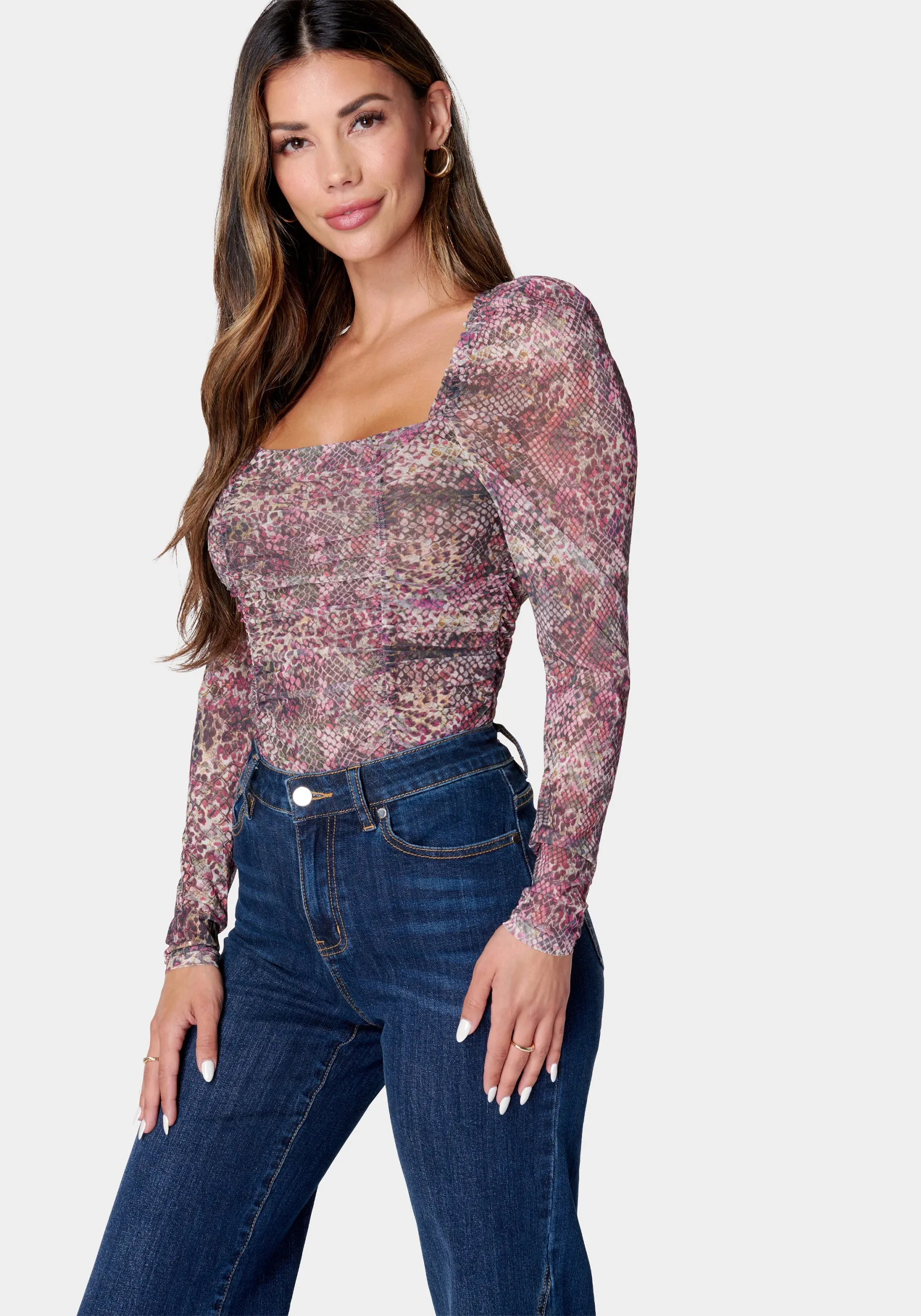 Ruched Mesh Puff Sleeve Bodysuit sold by Bebe