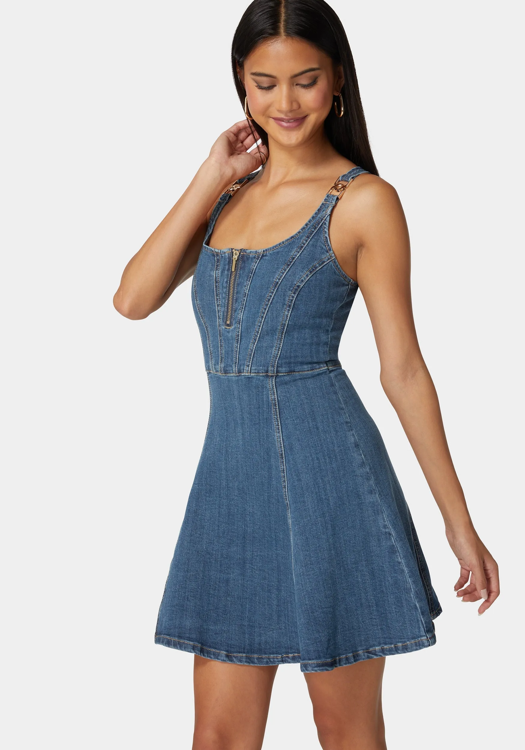 Trim Detail Fit & Flare Denim Dress sold by Bebe product image thumbnail 2