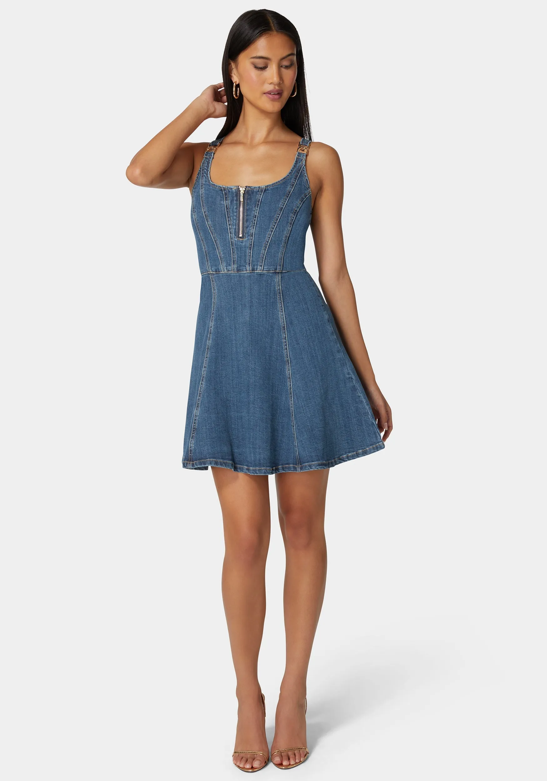 Trim Detail Fit & Flare Denim Dress sold by Bebe