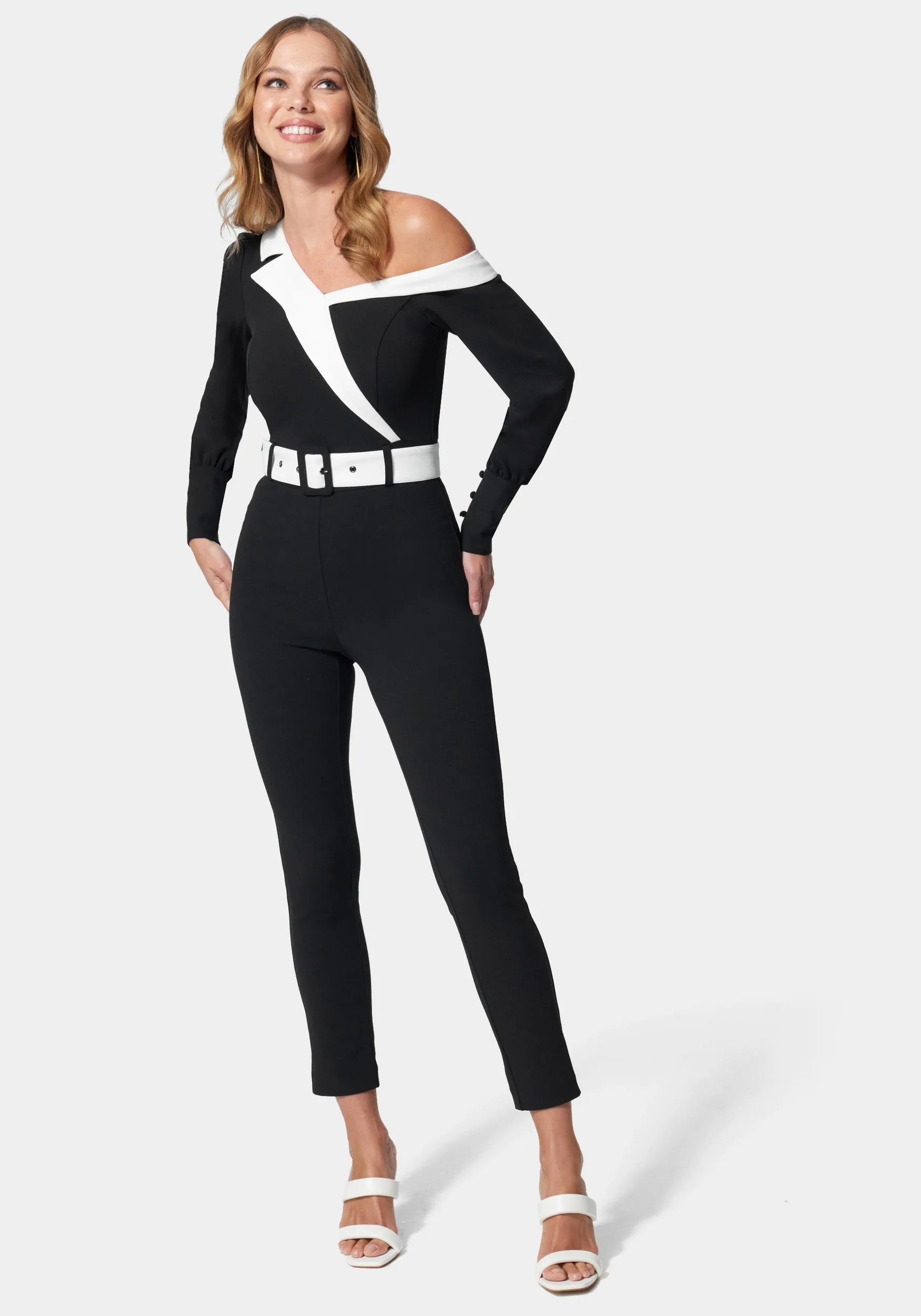 Asymmetric Tailored Colorblock Jumpsuit sold by Bebe