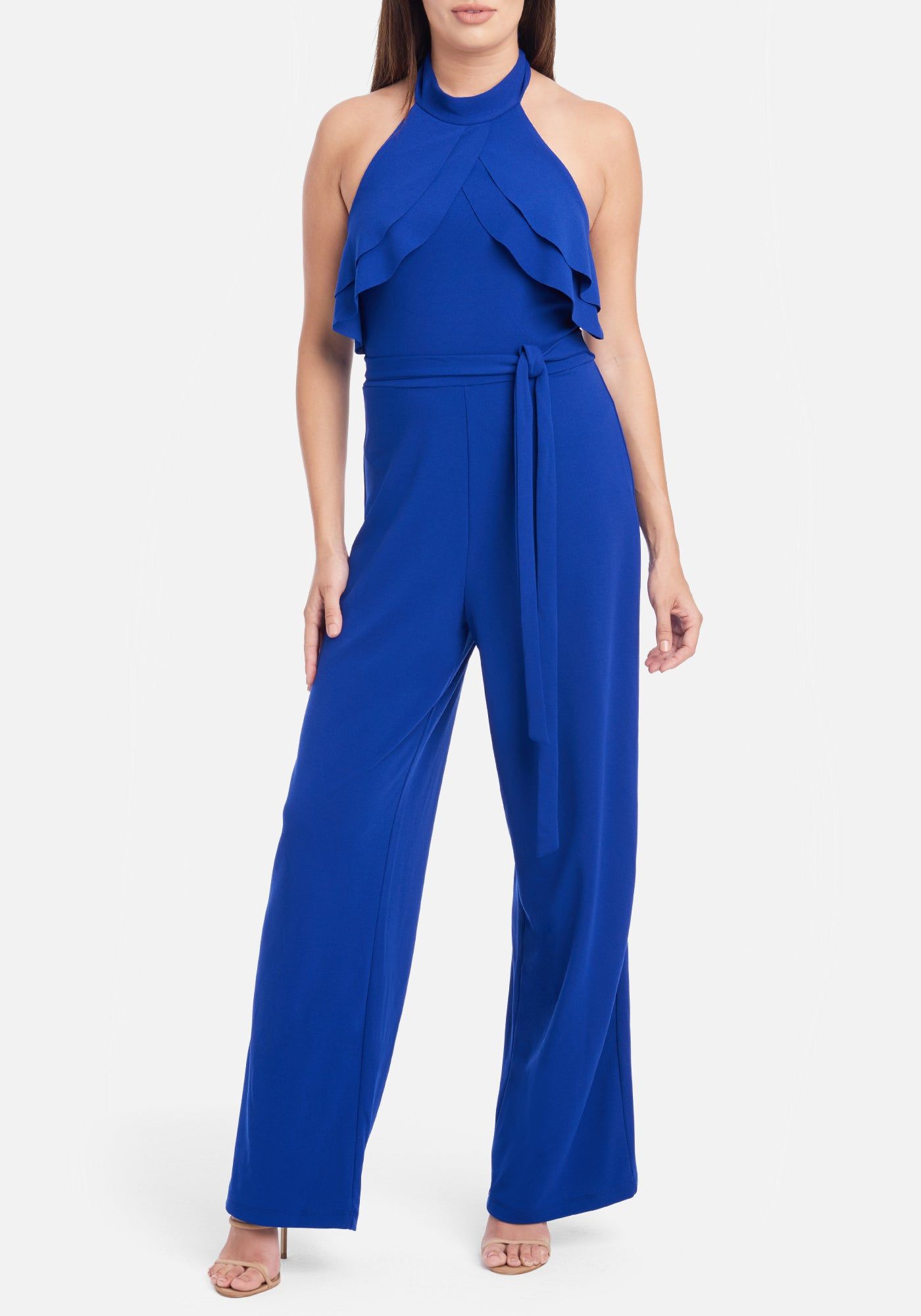 Double Ruffle Halter Jumpsuit sold by Bebe