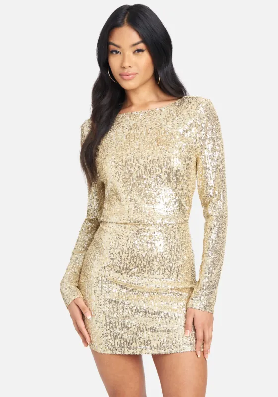 Back Cowl Neck Sequin Dress sold by Bebe