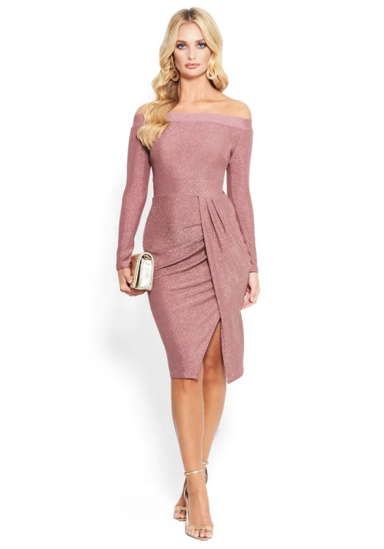 Glitter Knit Off The Shoulder Slit Dress sold by Bebe