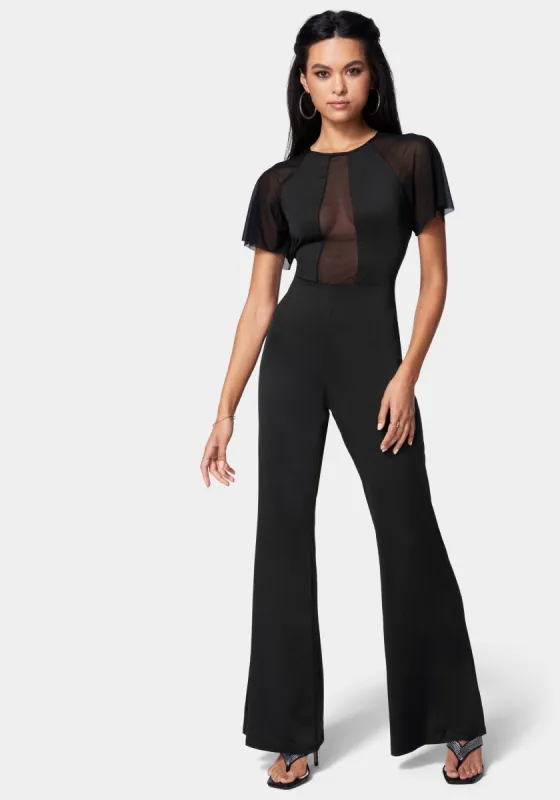 Mesh Detail Wide Leg Jumpsuit sold by Bebe