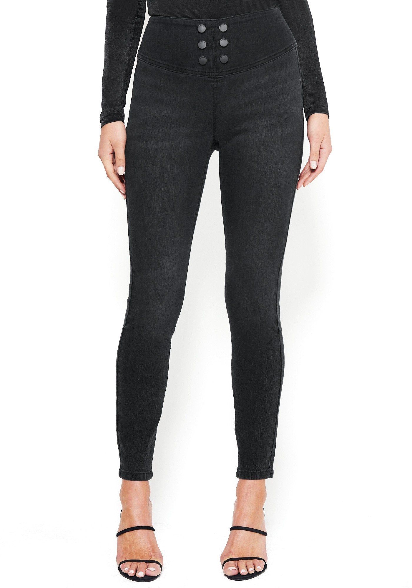 Button Trim High Waist Jeans sold by Bebe