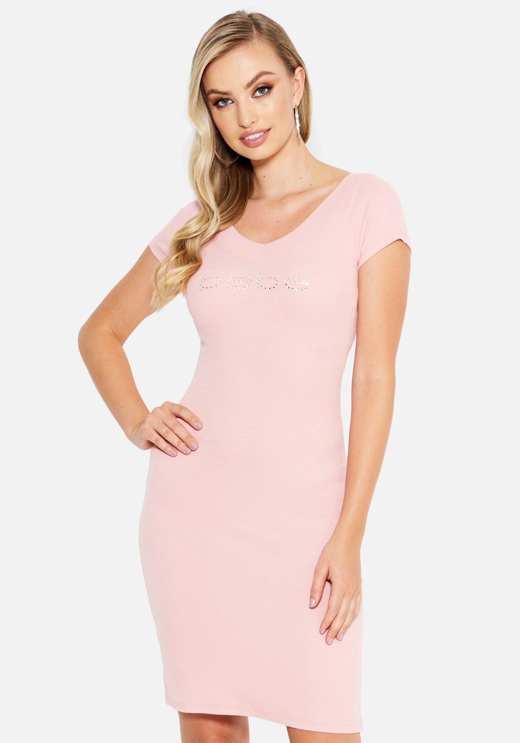Crystal Logo Short Sleeve Double V-Neck Dress sold by Bebe