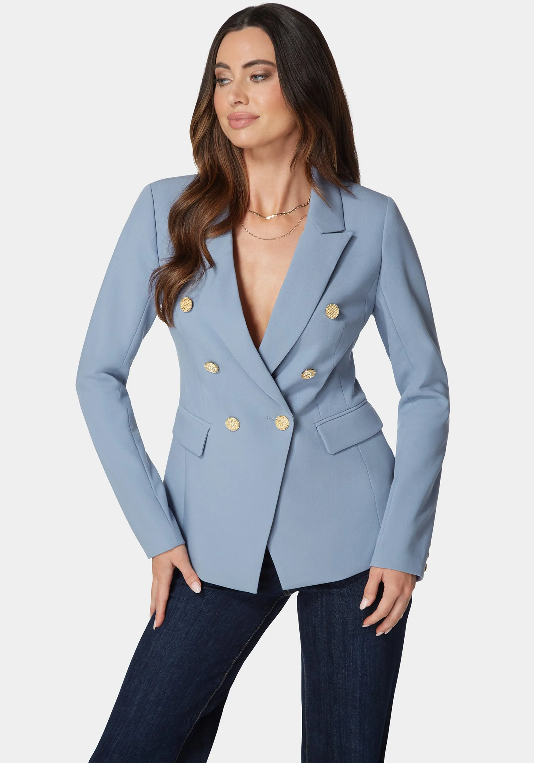 Double Breast Tailored Woven Twill Blazer sold by Bebe