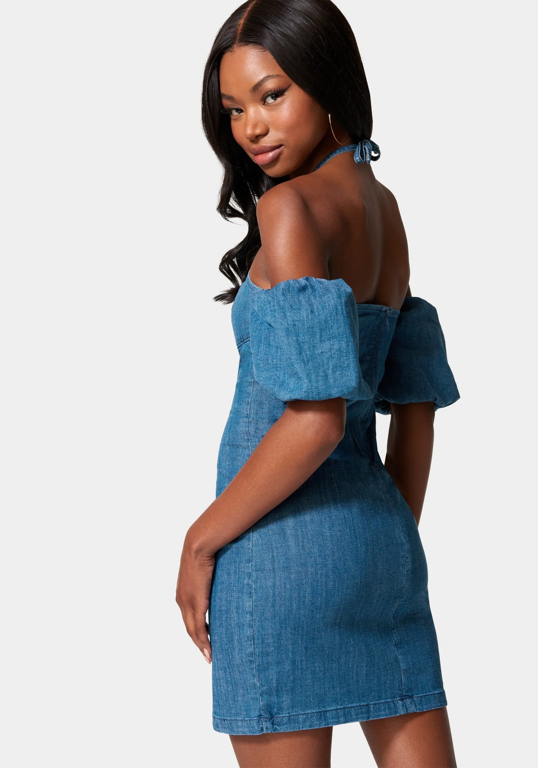 Off Shoulder Bubble Sleeve Denim Dress sold by Bebe product image thumbnail 3