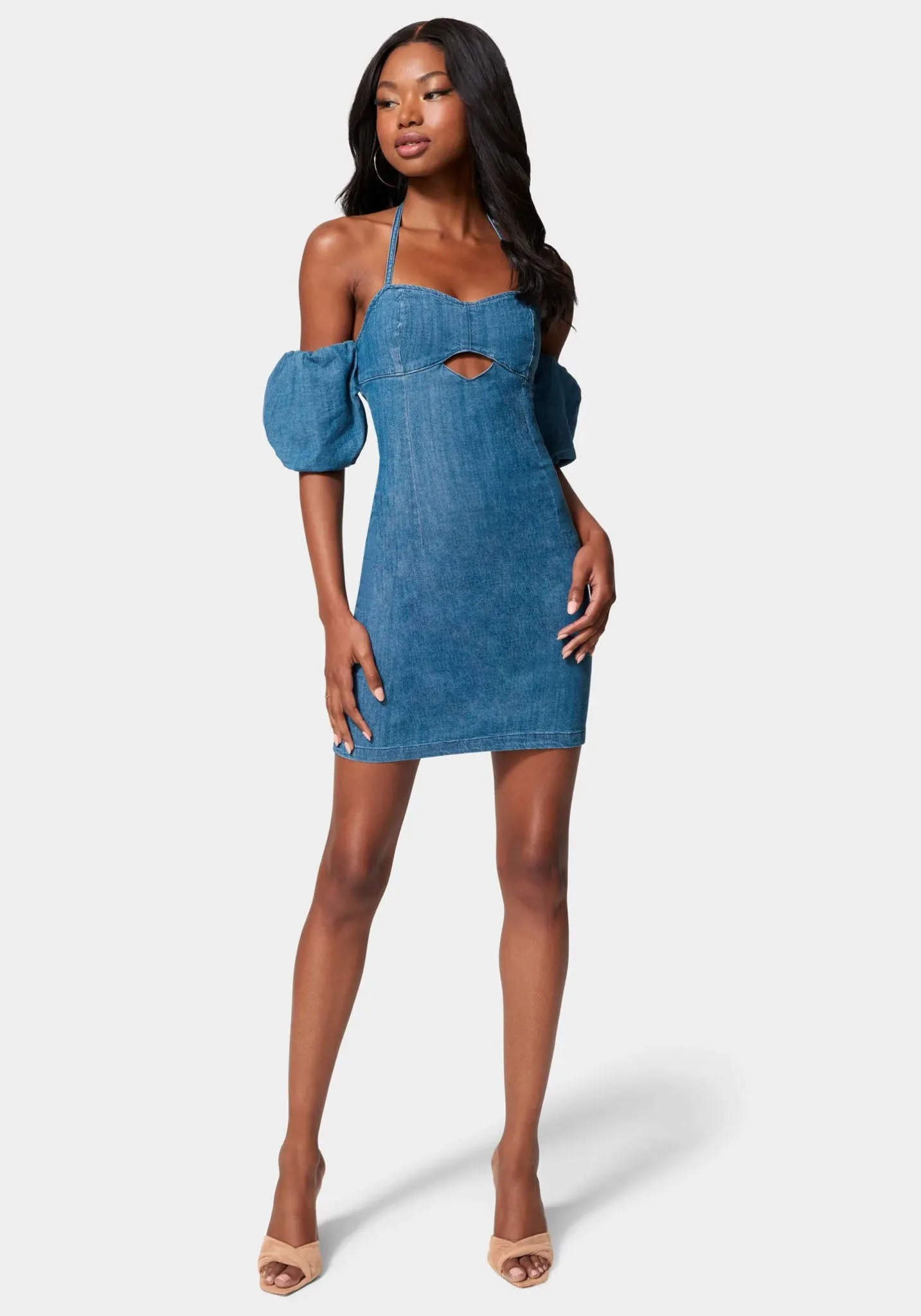 Off Shoulder Bubble Sleeve Denim Dress sold by Bebe