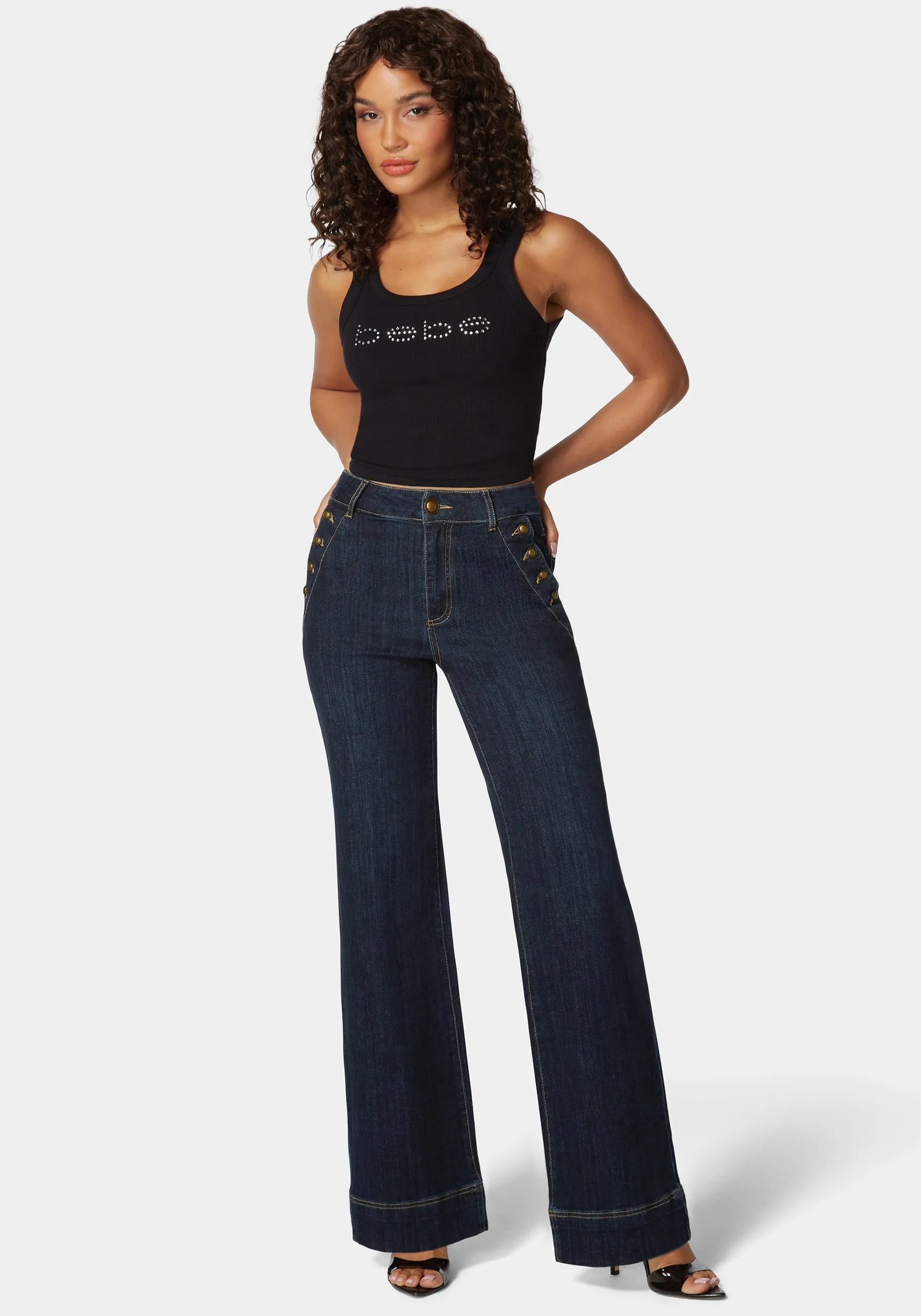 High Waist Button Detail Flared Leg Jeans sold by Bebe product image thumbnail 2